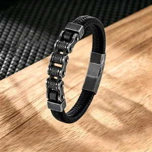 Men’s Leather Bracelet Jewelry Punk Rock Biker Bracelet Stainless Steel Leather Bracelet