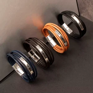 Men’s Multi Layer Bracelet with Stainless Steel Magnetic Clasp Handmade Woven Cuff Fashion Jewelry