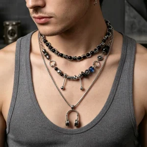 Men’s Multi Layered Necklace with Multiple Pendants Stainless Steel Hip Hop Street Style Accessories