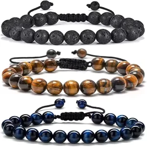 Men’s Natural Stone Charm Bracelet 8mm Tiger Eye Lava Stress Relief for Father’s Day Fashion Accessory