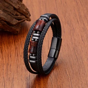 Men’s Natural Tiger Eye Stone Bracelet Multilayer Braided Leather Wristband Stainless Steel Magnetic Clasp Vintage Jewelry