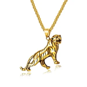 Mens Pendant Necklace 18k Gold Plated Stainless Steel Tiger