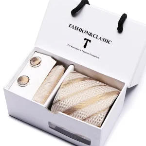 Men’s Polyester Plaid Jacquard Weave Tie 5 Piece Set With White Gift Box Square Scarf Cufflinks Tie Set Formal Wedding