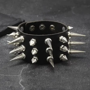 Men’s Punk Three-Row Studded Wide Bracelet Personalized Bar Motorcycle Jewelry
