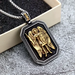 Mens Saint Michael Archangel Pendant Necklace Stainless Steel Rectangle Charm