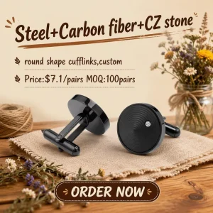 Men’s Shirt Cufflinks with Carbon Fiber and White CZ Stone Inlay Fashionable Stainless Steel Cufflinks for Mens