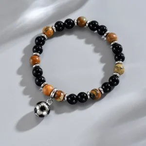 Men’s Soccer Ball Charm Bracelet Natural Stone Beads with Stainless Steel Accents Sports Lover Jewelry Gift