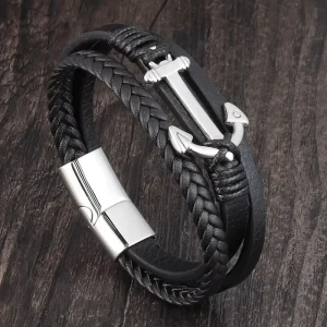 Men’s Stainless Steel Anchor Bracelet European and American Style Braided Leather Multi-Layer Bangle L19111