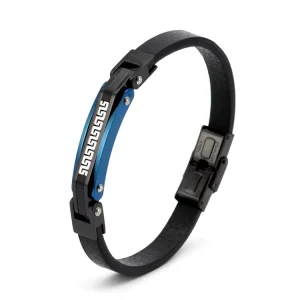 Men’s Stainless Steel Black Plated Delicate Leather Bracelet