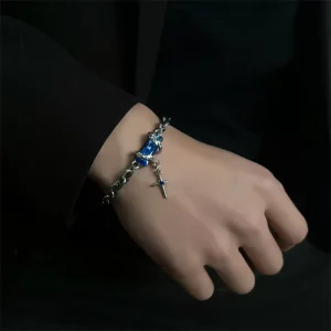 Men’s Stainless Steel Bracelet with Black Diamond Hip Hop Style Anniversary Jewelry