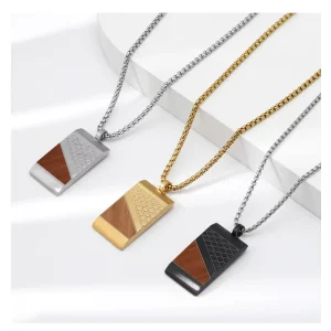 Men’s Stainless Steel Geometric Pendant Necklace with Buddhist Inspired Design Wood Inlay Personalized Trendy Chain Jewelry