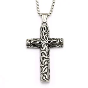 Mens Stainless Steel Ornate Cross Pendant Necklace with Engraved Detail for Vintage Streetwear Jewelry Buyers