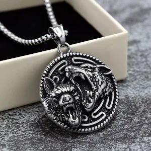 Mens Stainless Steel Wolf Head Medallion Necklace Double Sided Triangle Symbol Viking Jewelry Supply
