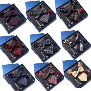 Men’s Tie Set Gift Box Fashion Brand Bowtie Pocket Squares Brooch Cufflinks Clip Suit for Mens Necktie Wedding Party