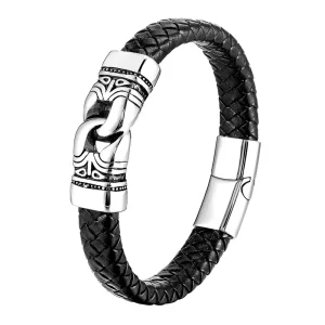 Men’s Titanium Steel Black Leather Rope Braided Stainless Bracelet for Men