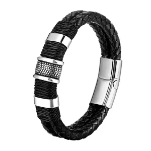 Men’s Trendy Stainless Steel Woven Leather Magnetic Bracelet