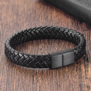Men’s Trendy Stainless Steel Woven Leather Magnetic Bracelet