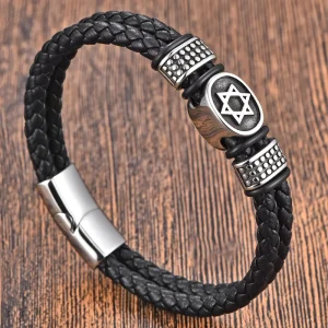 Men’s Trendy Stainless Steel Woven Leather Magnetic Bracelet