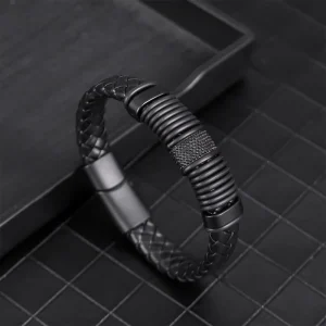 Men’s Woven Black Leather Bracelets Rhodium Custom Logo Rose Gold Pearl Pendants Charms