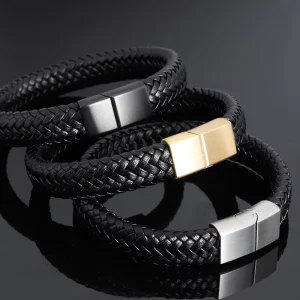 Men’s Woven Braided Wrap Bracelets PU Leather with Stainless Steel Magnetic Buckle in Silver Gold Black Colors