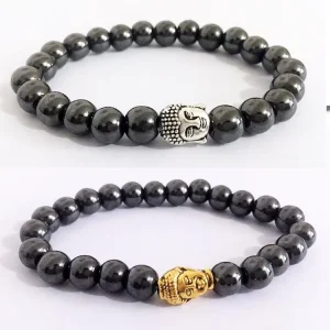 Men’s and Women’s Alloy Gold and Silver Buddha Head Beaded Bracelet with Black Magnet Fashion Charm Bracelet