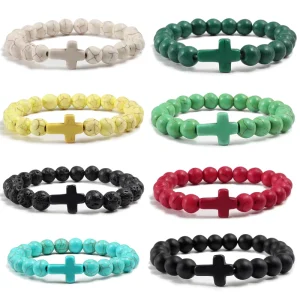 Men’s and Women’s Natural Stone Blue Turquoise Hand String Bracelet 8mm Round Beads Cross Charm