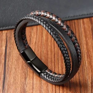 Men’s handmade stainless steel bracelet 316L black leather magnet buckle vintage jewelry L20219