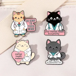 Mental Health Cat Doctor Resin Enamel Brooches Zinc Alloy Positive Quotes Durable Gifts