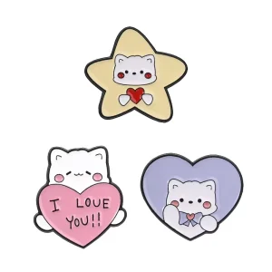 Metal Cartoon Pins Cute White Heart Kitten Metal Enamel Pins Creative Unique Cartoon Animal Brooches Pins