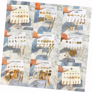 Metal Earring Set with Geometric Pendant and Round Pearl Earrings for Women