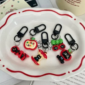 Metal Keychain Cute Fruit Apple Cat Keyring Pendant for Bags Keychain Accessories Bag Charms