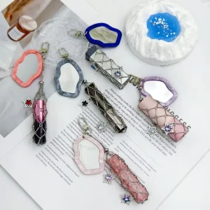 Metal Mesh Lipstick Keychain Irregular Acrylic Mirror Star Charm Portable Beauty Accessory Colorful Gift for Daily Use Travel