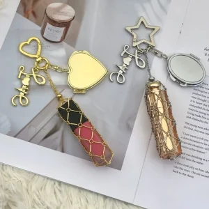 Metal Mesh Net Stainless Steel Makeup Mirror Lip Gloss Lipstick Holder Bag Charm for Keychain Love Letter Pendant