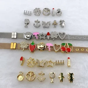 Metal Mesh Watch Band Mixed Charms Rhinestone Fruit Animal Symbol Slide Charms Bracelet for American Women Custom Wrist Jewelry