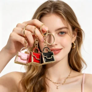 Metal Mini Keychain Bag Pendant Small Gift Ladies Leather Bag Key Chain Rhinestone Cufflinks Car Keychain Accessories