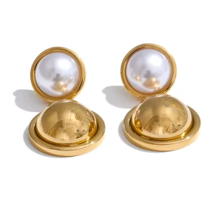 Metal Simulated Pearl Pendant Earrings Stainless Steel Drop Earrings for Women Jewelry