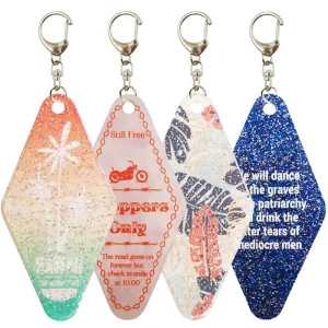 Metal Vintage Custom Promotional Retro Hotel Plastic Acrylic Motel Keychain Glitter Marble Custom Logo Blanks