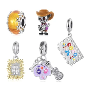 Mexican Day of the Dead Collection 925 Sterling Silver Skull Flag Pendant Punk Murano Bead Jewelry Mexican Family DIY Gift