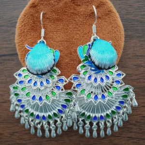 Miao Embroidered Blue Peacock Natural Stone Drop Dangle Earrings Ethnic Handmade for Women