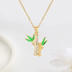 Micro Inlaid Zircon Enamel Craftsmanship Green Leaf Bamboo Pendant Necklace for Women