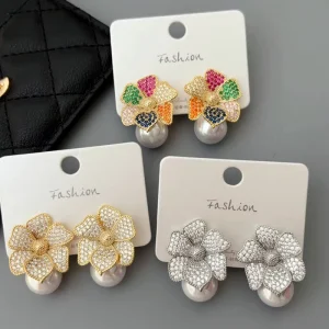 Micro Pave Zircon Flower Pearl Drop Earrings Fashion Jewelry