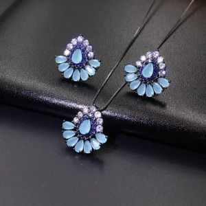 Milky Blue Stud Earring Pendant Necklace Water Drop Necklace Jewelry Set for Women