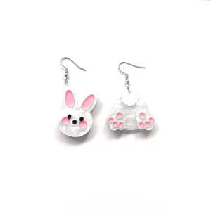 Mini Easter Bunny Drop Earrings Acrylic Resin Lucite Cute Animal Handmade Silver Plated for Women Girls
