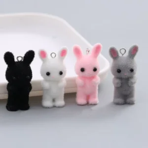 Mini Flocked Bunny Charms Flocking 3D Rabbit Pendants for DIY Handmade Jewelry Blind Box Ornament Keychain Accessories