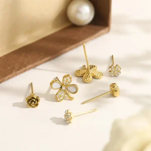 Mini Flower Earrings Set Stainless Steel Gold-Plated Zircon Geometric Stud Earrings