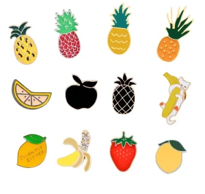 Mini Fruits Brooch Watermelon Strawberry Orange Banana Apple Pineapple Cartoon Fruit Fashion Women Kids Black Nickel Metal Pin