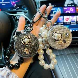 Mini Makeup Mirrors Keychains Sweet Camellia Pearls Bag Charm Gifts for Girl