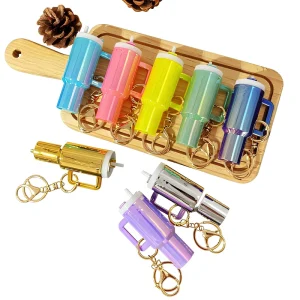 Mini PVC Acrylic Tumblers Keychain UV Printed Cartoon Lip Balm Holder Cup Shape Charms with Chapstick Hard-Wearing