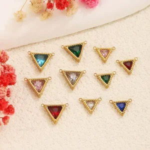 Mini Stainless Steel Gold Plated Triangle Rhinestone Pendant Colorful Crystal Double Loop Charm DIY Jewelry Making Accessories