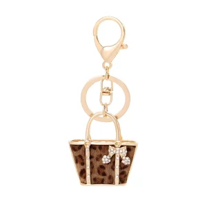 Mini Stylish Women’s Plush Ball Diamond Chain Handbag Charm Leopard Print Fabric Keychains Fashionable Metal Style Keyrings